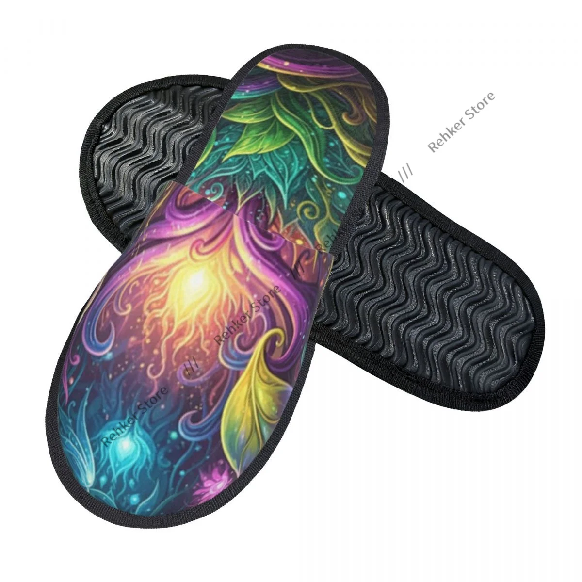 Winter Warm Women Men Plush Flat Indoor Slippers Colorful Fantasy Flowers Dragon Furry Home Non-slip Shoes