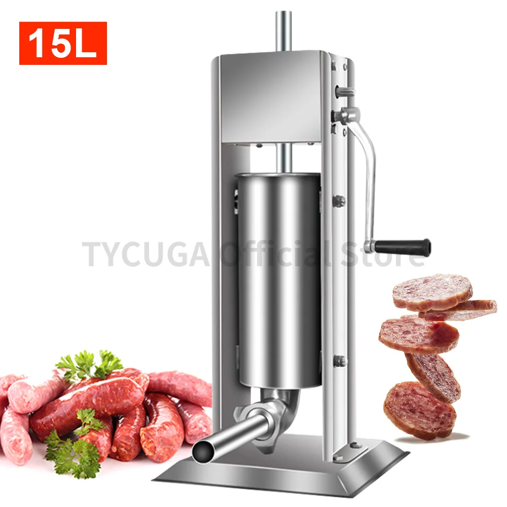 15L Stainless Steel Manual Sausage Filler Stuffer Salami Maker Vertical Meat Filler Machine Manual 4 Nozzles Tube Sausage Maker