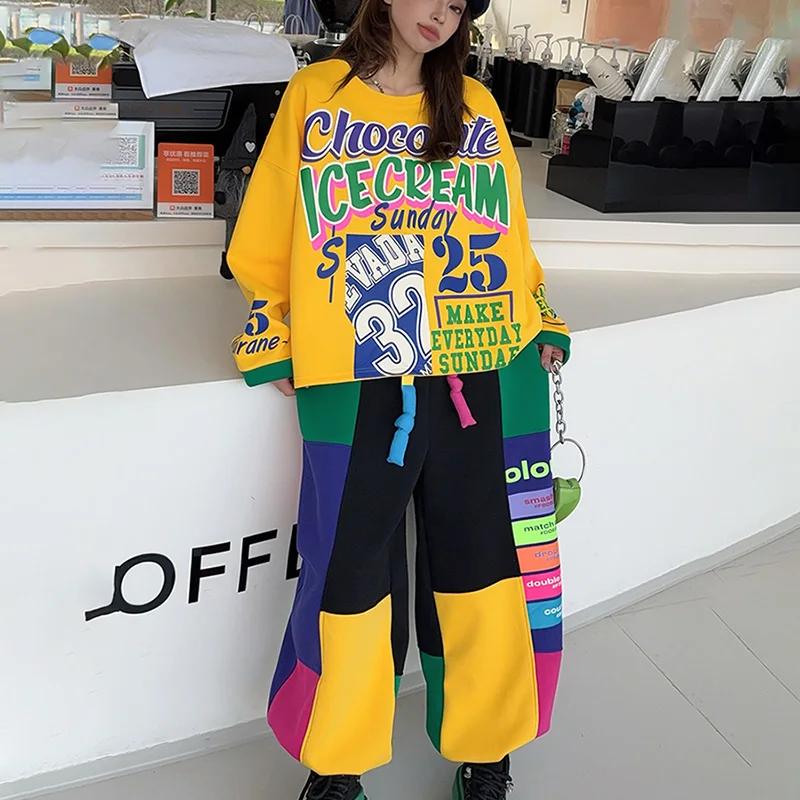 

Korean Fashion Graffiti Letters Print Oversized 2 Piece Set Woman Outfit Multicolour Patchwork Jogger Pant Sets Vestidos Femme