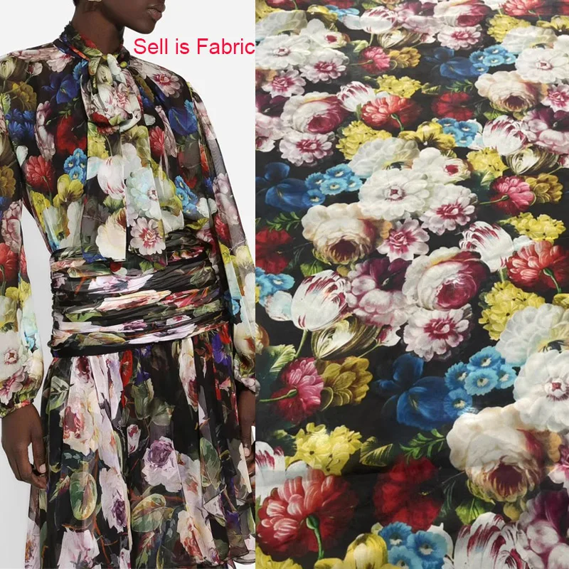 Europe And America Black Base Colorful Flower Printed Silk Chiffon Fabric For Dress Blouse DIY Cloth Tissu tessuto Материалы