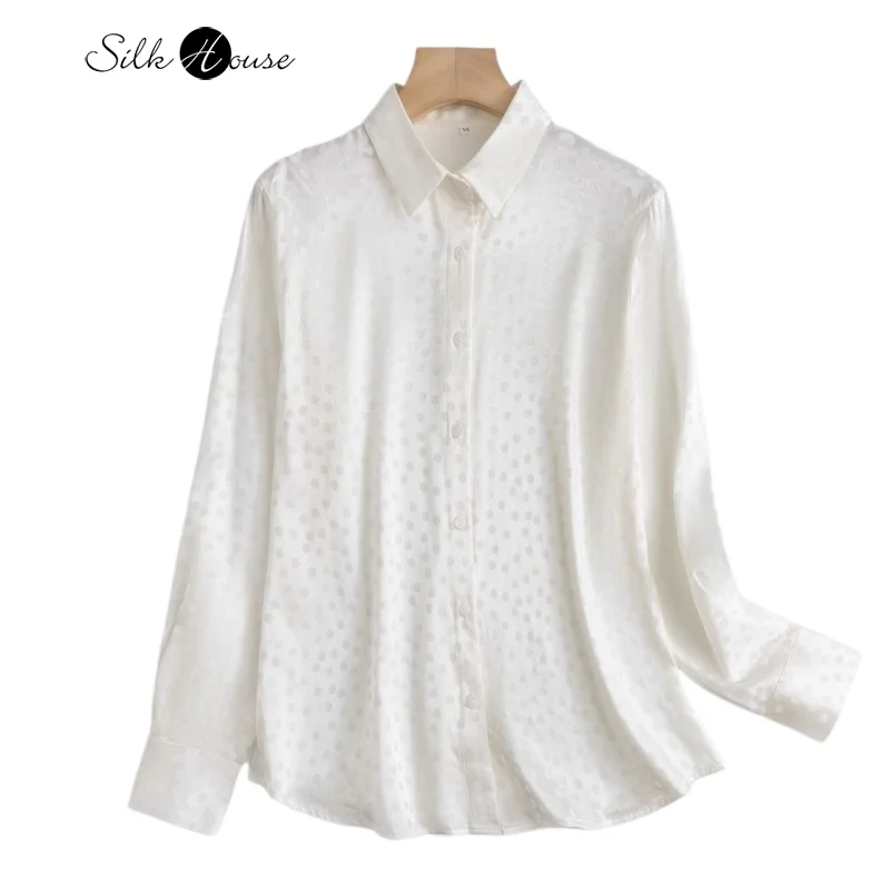 

Women's Fashion Spring/Autumn Clothing 92% Natural Mulberry Silk Elastic Jacquard Satin Dot Versatile White Long Sleeve Shirt