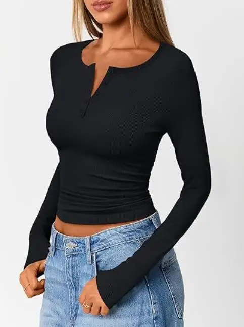 

2025 Autumn Fashion Women's Long Sleeved Slim Fit Top Ribbed Fashion Basic T-Shirt