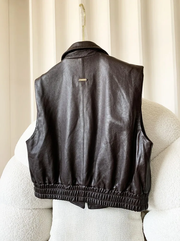 Women Genuine Leather Vest Fashion Notched Collar Solid Color Sleeveless Suit Jacket Short Real Sheepskin Casual Tank Top Vests