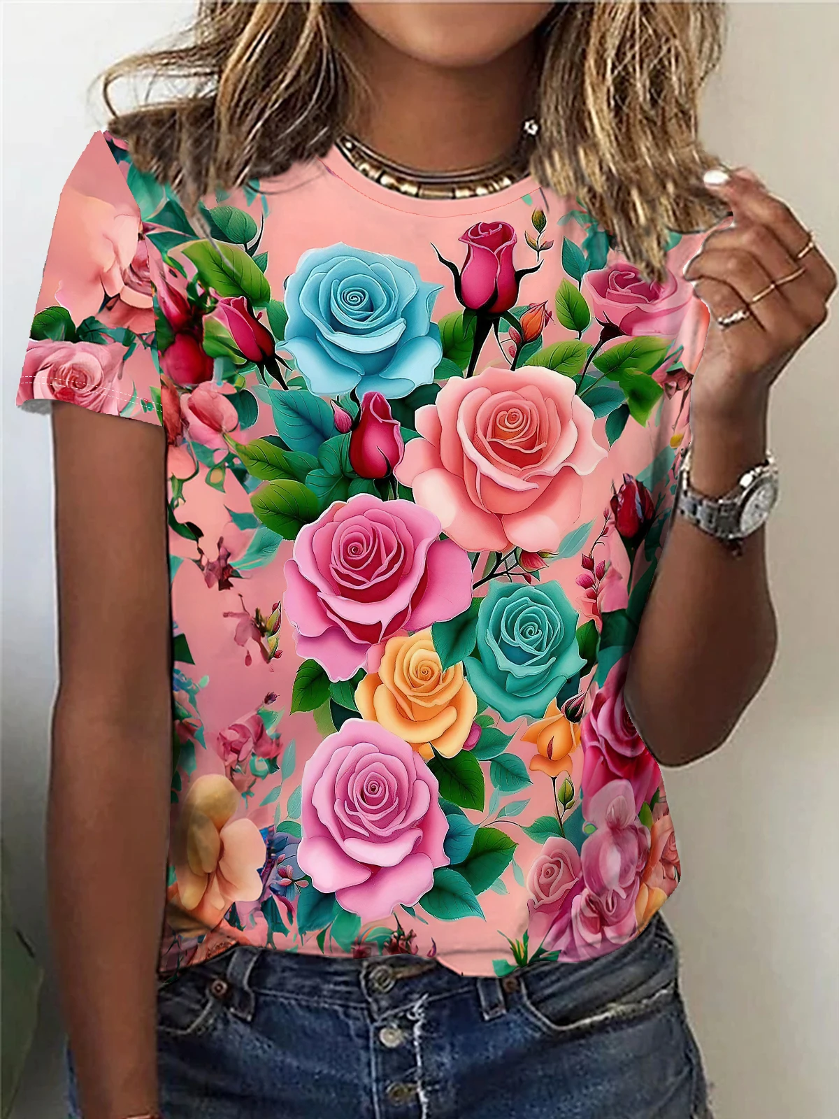 Flower Print T-shirt, Casual Crew Neck Short Sleeve Top For Spring & Summer, Women\'s Clothing