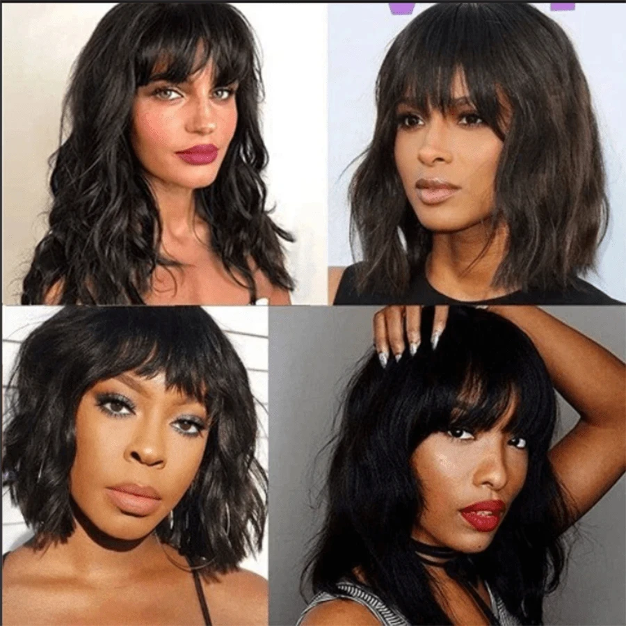 14inch Black Wig with Bangs and Curly Hair, Suitable for Women, Synthetic Fiber Wig for Various Occasions, Comfortable and Easy to Wear, Made of 130% Density High-Temperature Silk Material, Excellent Quality