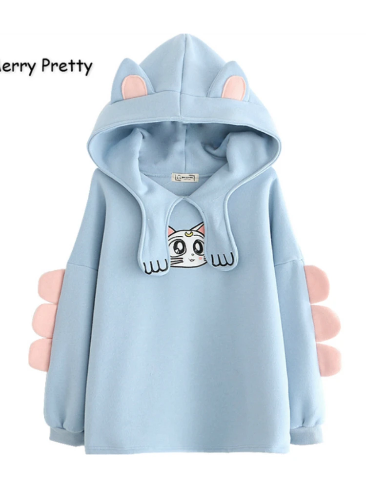 

Merry Pretty Women's Hoodies Sweatshirt With Ears On Hood Cat Embroidery Cute Harajuku Fleece Hoodie Hooded Clothes Pullovers