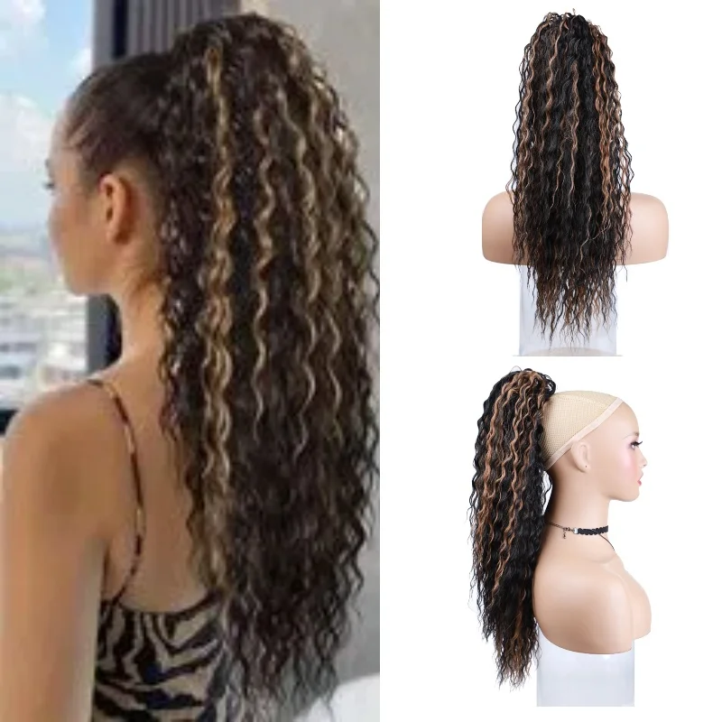 Blice Drawstring Long Ponytail Afro Water Wavy Curly Hairpiece Clips In Hair Mixed Brown Blonde Synthetic Dancing