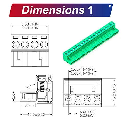1Set 5.08mm Pitch 20 Pin Phoenix Type Connector Male & Female No Soldering Green PCB Screw Terminal Block Plug Socket Wire