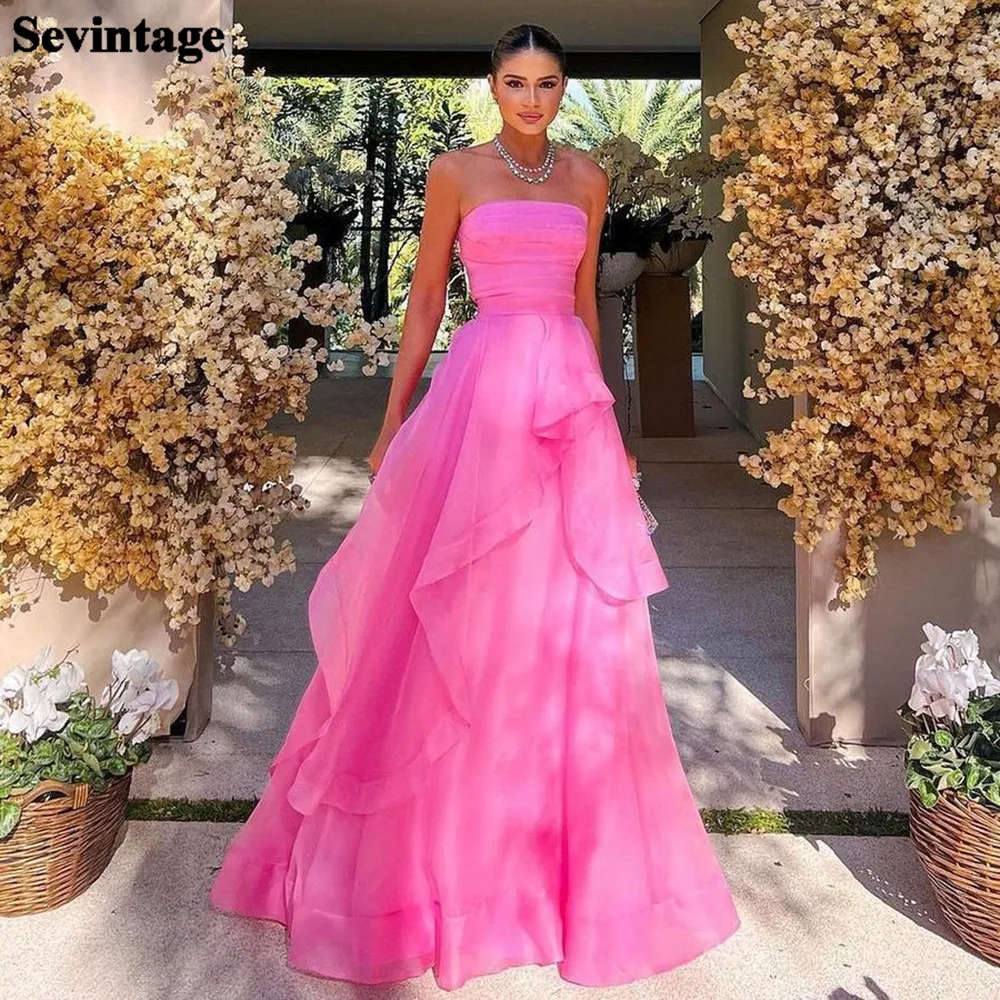 Customized Hot Pink Ruffles Prom Dress Sweetheart Pleated Strapless Floor Length Formal Evening Dress Women Special Party Gowns