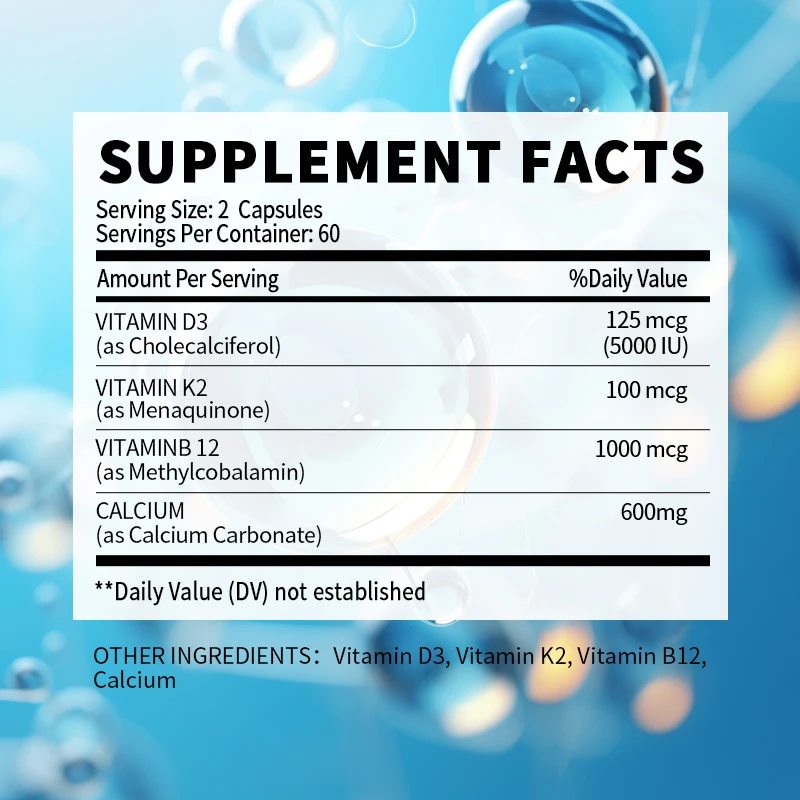 Vitamin K2 and D3 + B12 +Calcium Supplement for Strengthening The Heart, Joints and Bones Non-GMO