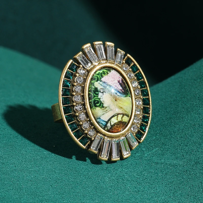 

Vintage Emerald Green Crystal Elegant Rings Beauty Head Adjustable Gold Color Antique Rhinestone Luxury Jewelry Designer Wedding
