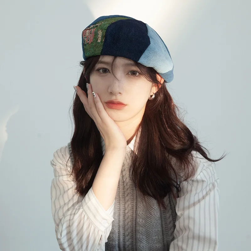 Women's Oil Painting Style Denim Beret Retro Cloud Hat Spring Autumn Versatile Japanese Niche Big Head Circumference Painter Cap