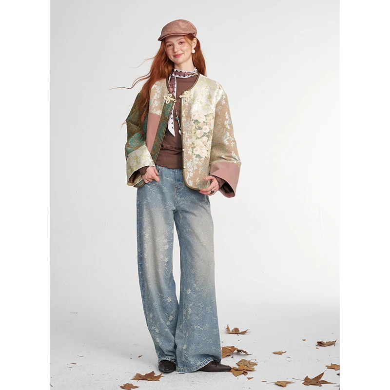ELFSACK Neo-Chinese Jacket with Patchwork Floral Print, Vintage Contrast Outerwear for Daily, Elegant Oriental Style Coat