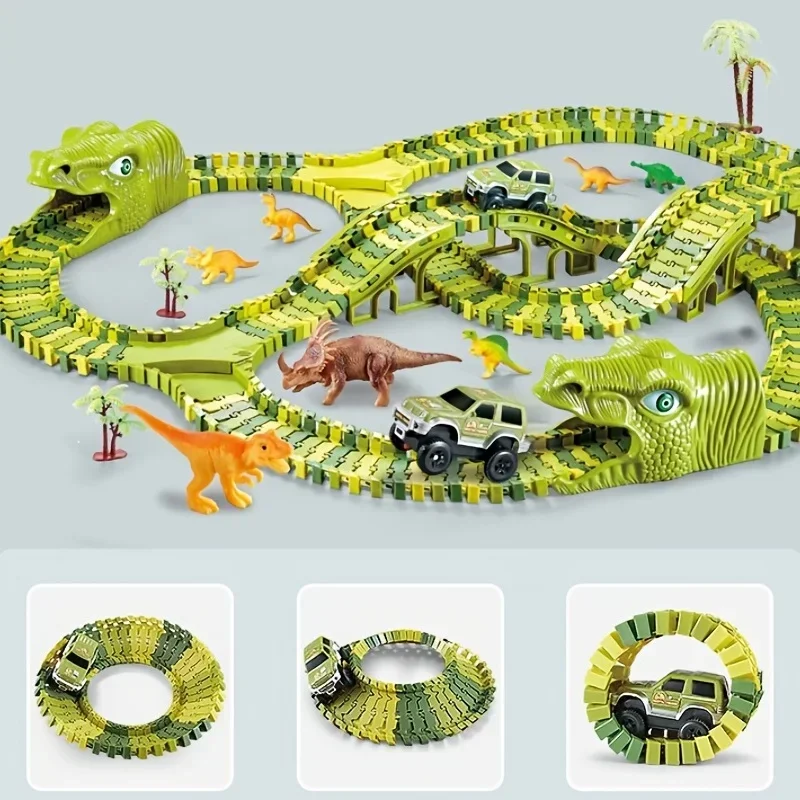 Flexible Dinosaur Train Tracks and Race Cars Playset with Dino Figures Electric Vehicles Road Racing World for Toddlers Kids