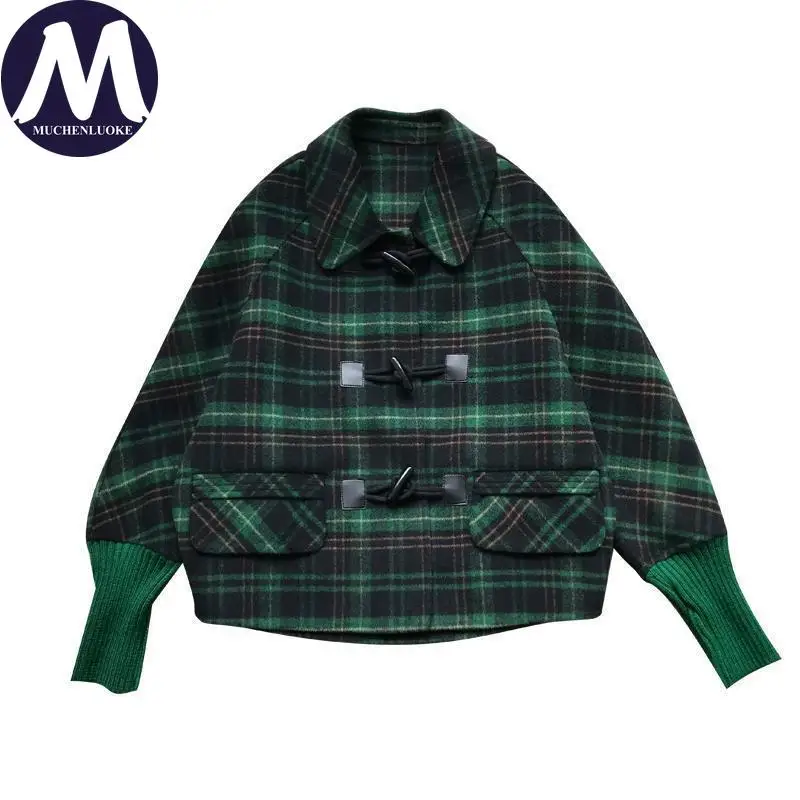 เสื้อแจ็คเก็ตสตรีฤดูใบไม้ร่วงฤดูหนาวใหม่ Elegant ตาราง DOLMAN แขนผ้าขนสัตว์ชนิดหนึ่งเสื้อขนสัตว์เกาหลีแฟชั่น Casual หลวมเสื้อแจ็คเก็ตสั้น