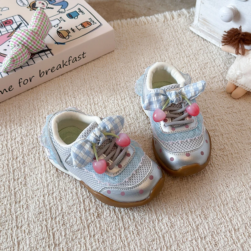 Toddler Girls Mesh Sneakers, Cute Cherry Bow Polka Dot Casual Shoes, Non-Slip Soft Sole Breathable Kids Walking Shoes