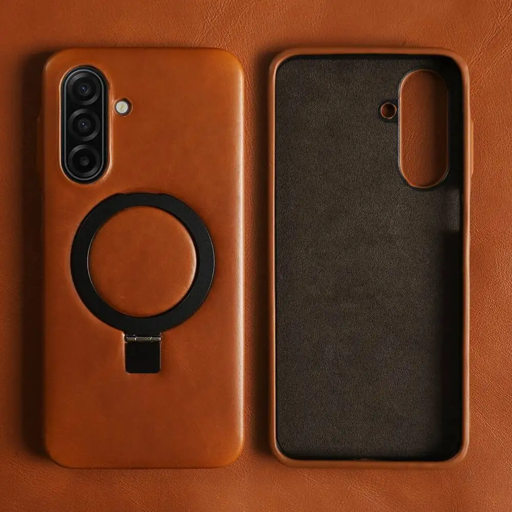 Étui en cuir véritable avec anneau support pour Samsung Galaxy A17 A55 A56 A26 A36 A16 A07 A35 A13 A06 A34 A54
