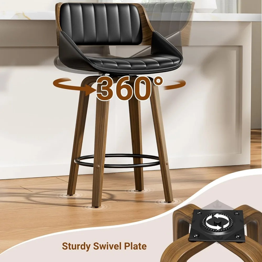 زوج من مقاعد البار ذات الارتفاع الدوارة مقاس 26 بوصة مع تصميم Bentwood ومقاعد من الجلد الصناعي المنجدة الحديثة في منتصف القرن