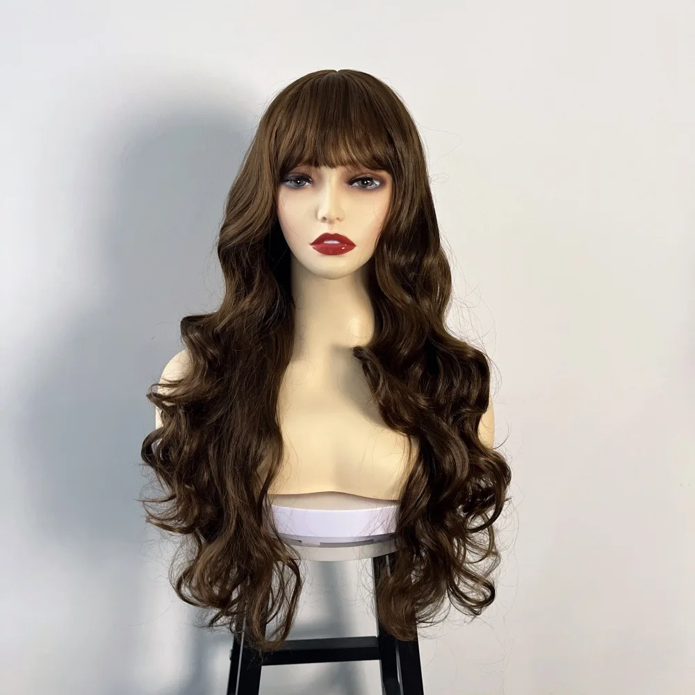 Gentle brown design with air bangs and wavy long hair, lightweight to wear, fashionable wig