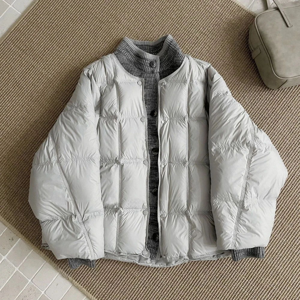 Women's Winter Parka Autumn Winter Clothes Round Neck Button Duck Down Coat Female Patchwork Warm Lightweight Puffer Jacket