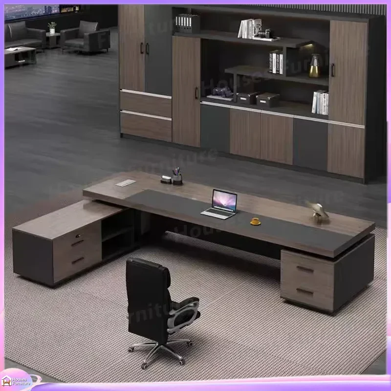 Modern L Shaped Wooden Office Desk with Side Cabinet and Lock Durable Executive Manager Table Commercial Workstation Cable