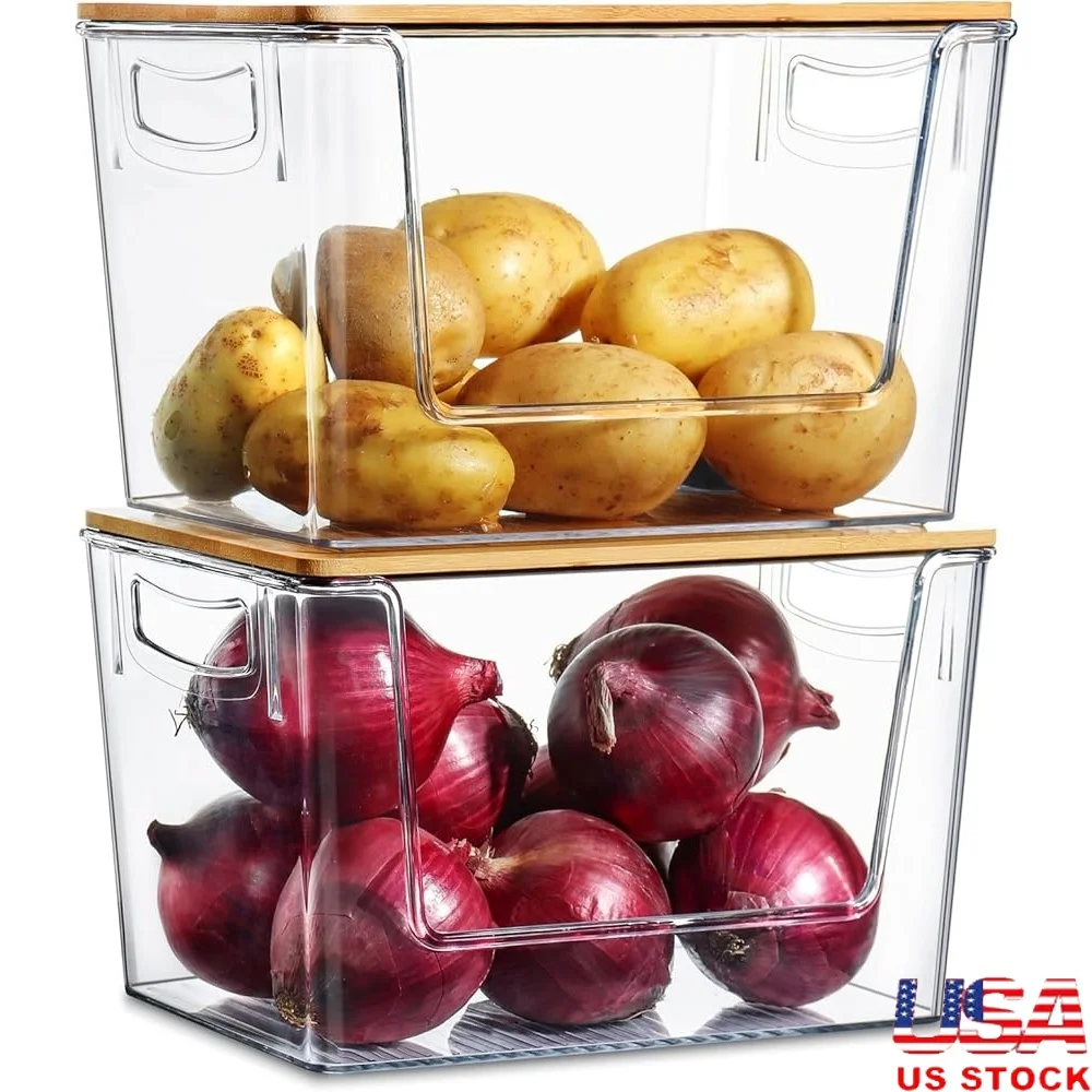 

2 Set Stackable Kitchen Organizers Storage Bins Fruits Vegetables Pantry Bathroom Clear Durable Space Saving Design