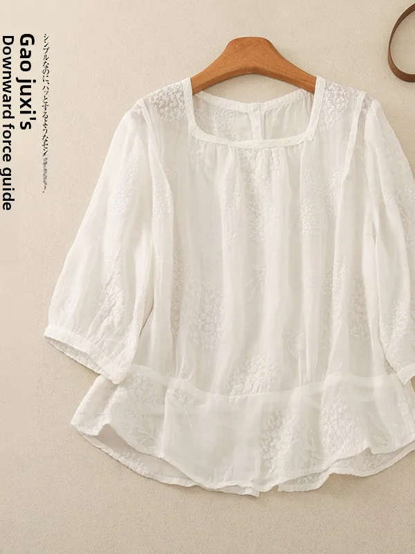 Atasan Kasual Wanita Musim Panas Bahan Katun Linen Bordir Berat Kerah Kotak Lima Lengan Panjang Bordir Tebal