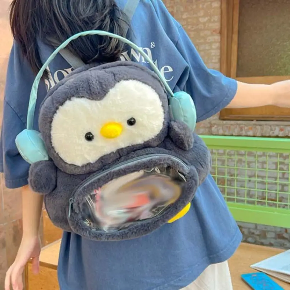 Mochila de pingüino con auriculares de bolsillo transparente, muñeca de cordero de peluche, Itabag JK Lolita, juguete de peluche, bolso de hombro de Animal para estudiantes