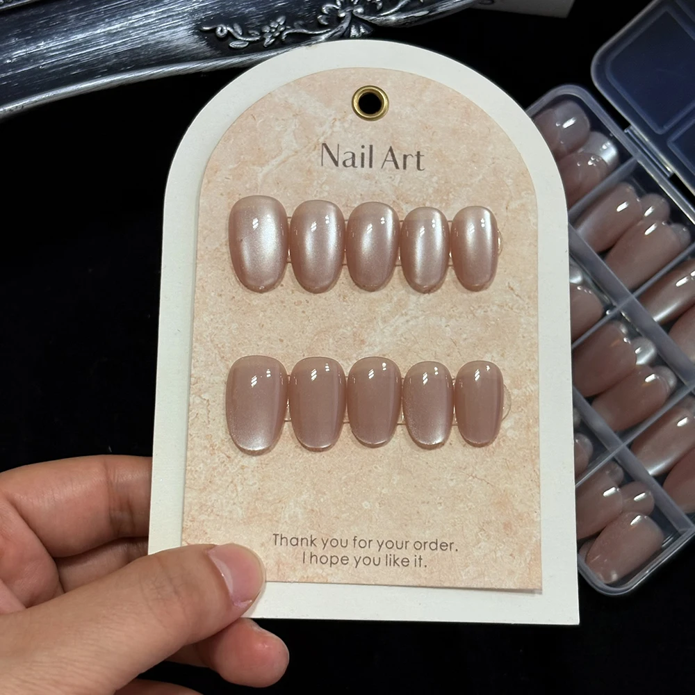 144 teile/schachtel Natürliche Nude Cat Eye Künstliche Nägel Kurze Mandel Design Volle Abdeckung Fasle Nagel Acryl Drücken Auf Nägel Elegante Nagel patches – Detail 3