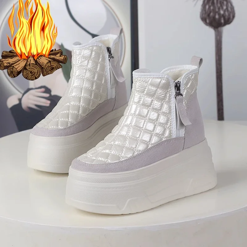 12cm Down Microfiber Leather Fashion Women Ankle Booties Platform Wedge Chimney Winter Plush Autumn Spring Lady Warm Shoes