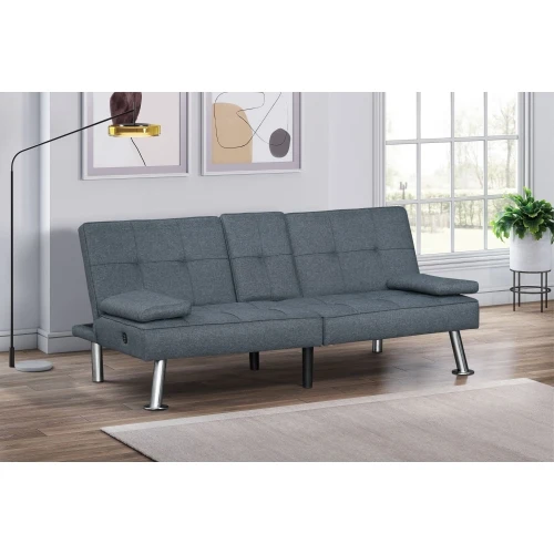 #Modern Gray Fabric Sofa Bed Set With USB Ports Drop-Down Cupholders Apartment & Hotel Living Room Furniture