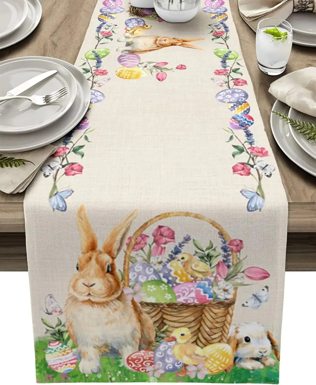 Watercolor Easter Table Runner Bunny Colorful Egg Basket Chick Butterfly Floral Print Spring Holiday Dining Table Decor 