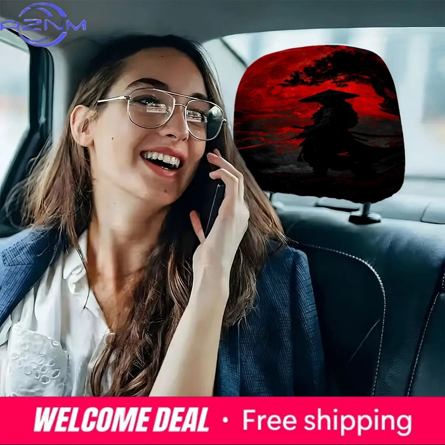 Samurai Silhouette Print Car Headrest Cover, Universal Fit, Seat Protector Cover
