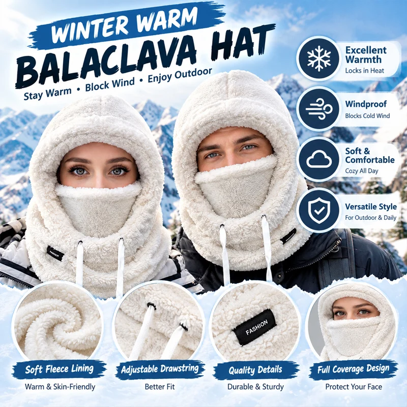 Winter Ski Cycling Balaclava with Windproof Hood Fashion One-Piece Earflap Scarf Design Warm Thermal Neck Face Cover