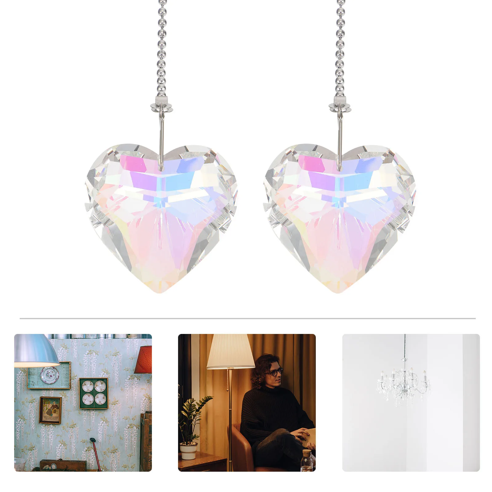 

2Pcs Heart Hanging Chains Crystal Lamp Decor Fan Pendants Crystal Light Ornaments Indoor Window Curtain Wedding