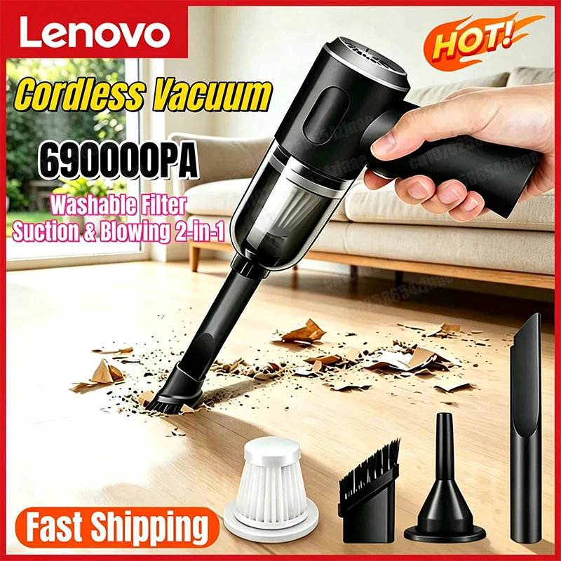 Lenovo New Cordless Handheld Car Vacuum Wet Dry Dual Use Wireless Cleaner High Power Battery Fast Charging Wireless Vacuum 2027