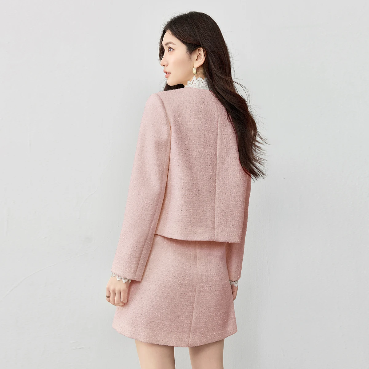 SENTUBILA Women's Chinese Style Pink Tweed Skirt Set Short Jacket 2 Piece Set 2026 Winter Elegant Ladies Skirt Suit 161ZA6520X