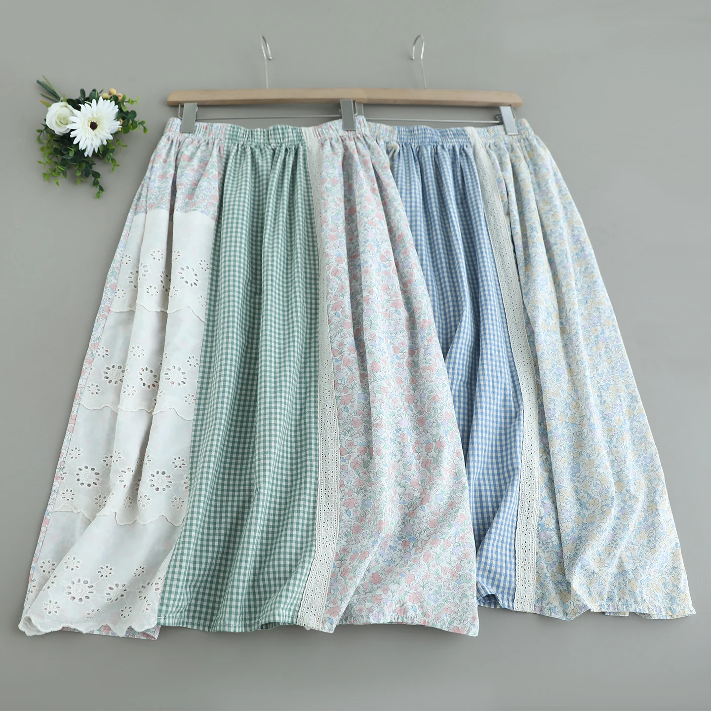 

Japanese Sweet Mori Girl Vinage Floral Print Plaid Patchwork Cotton Skirts Women Summer Elastic Waist Casual Loose A-Line Skirts