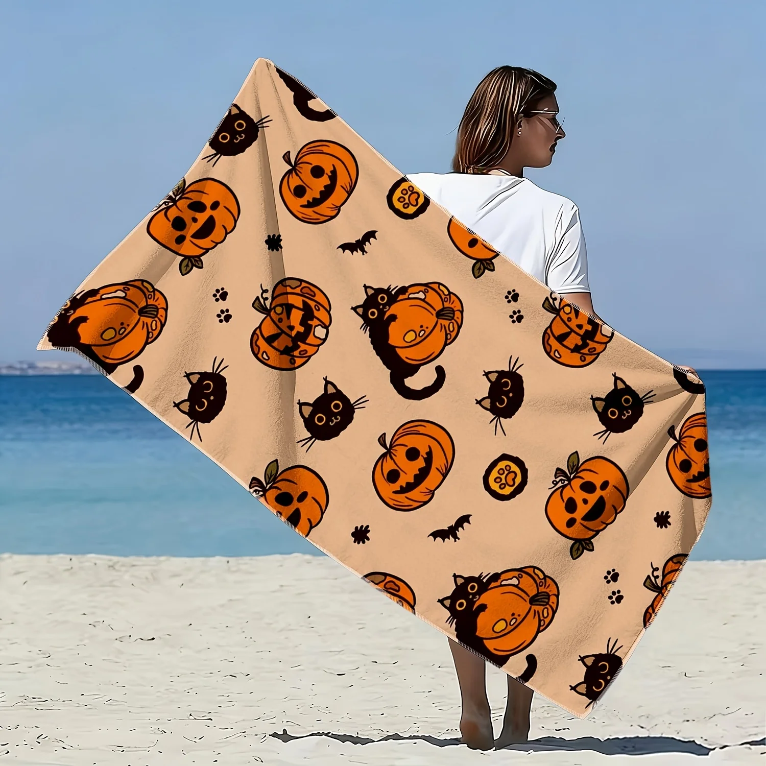 1pc, Cute Black Cat and Pumpkin Style Soft Beach Towel, Halloween Themed Printed Pattern, Microfiber Bath Towel
