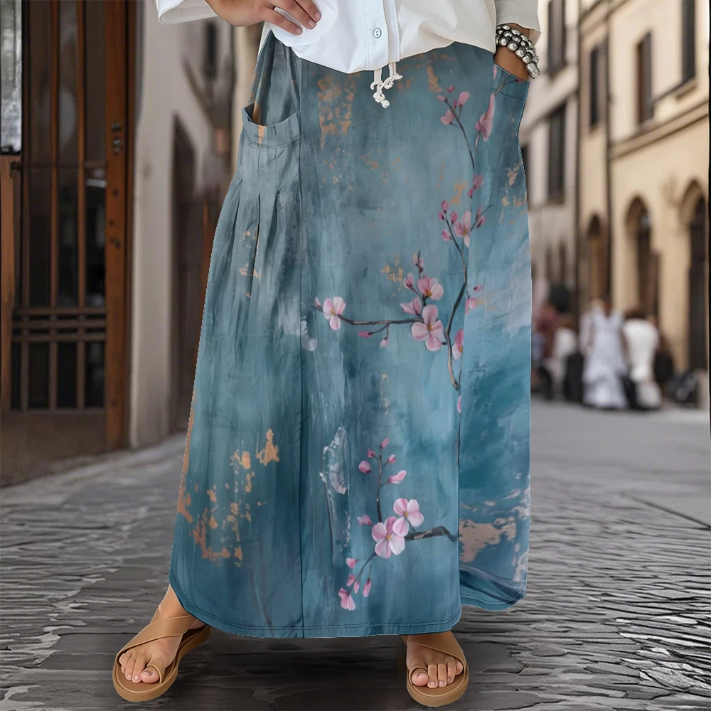 Elegante harajuku flor de ameixa & borboleta maxi saia vintage cordão cintura & bolsos laterais boho solto ajuste saia verão