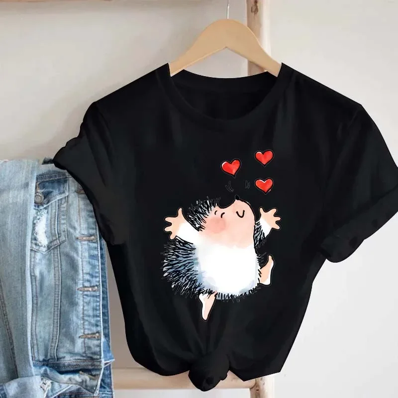 

New Women Tshirts Casual Cute Cartoon Hedgehog Floral Graphic Print Female Tee Tops Harajuku Fashion Short Sleeve T Shirt Femme