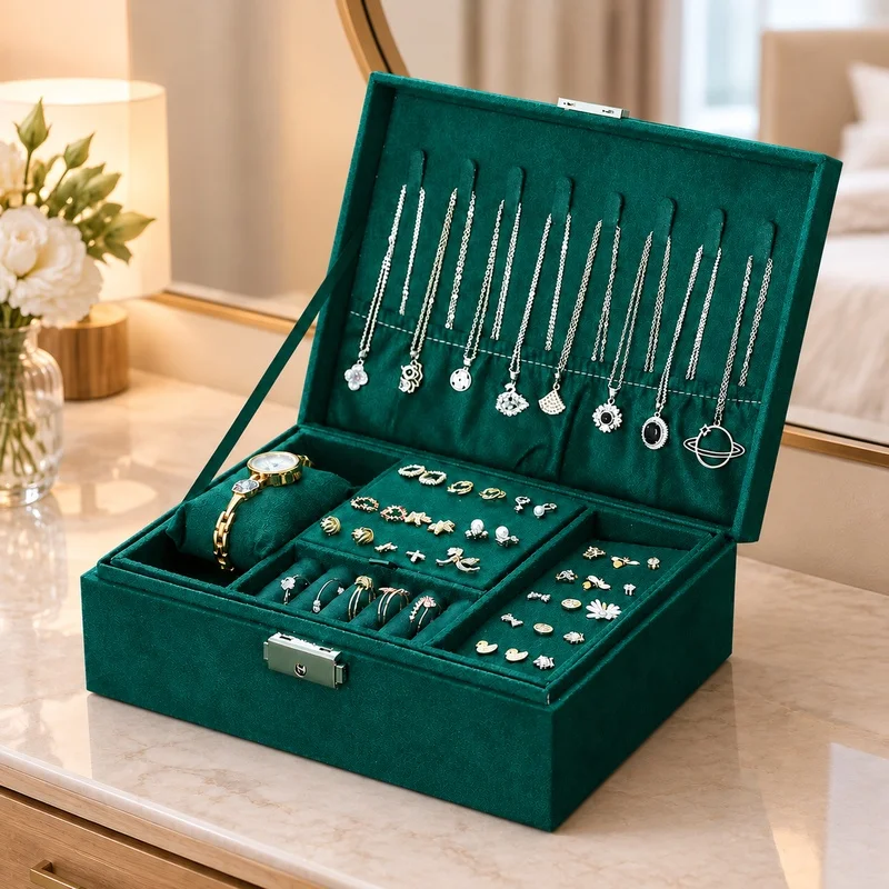Vintage Style Velvet Jewelry Box with Dual Lock System, Spacious Storage for Watches, Earrings, and Necklaces