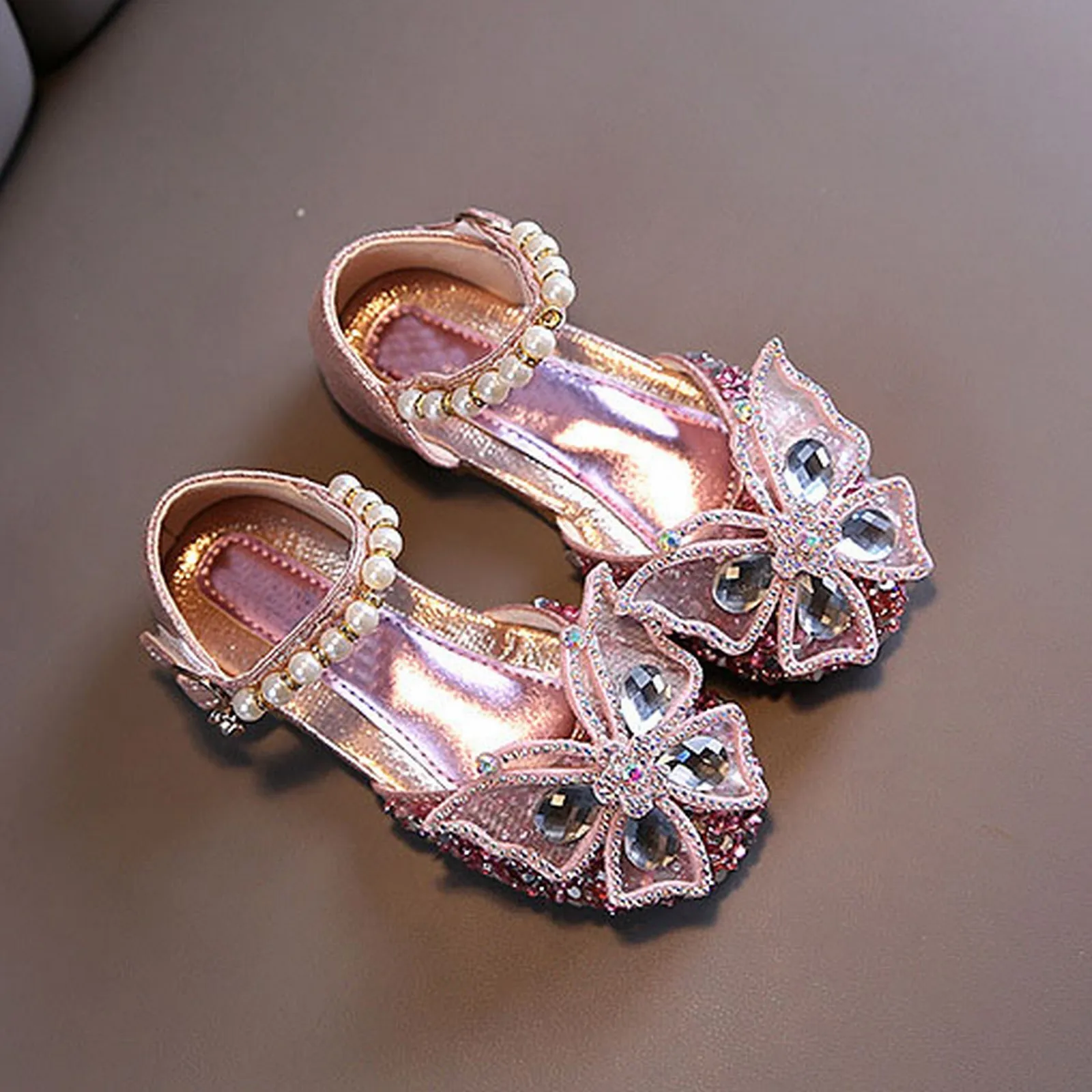 New Children\'s Party Shoes Shiny Sequin Lace Bow Kids Shoes 2024 New Cute Crystal Princess Dance Single Casual Girls Shoes