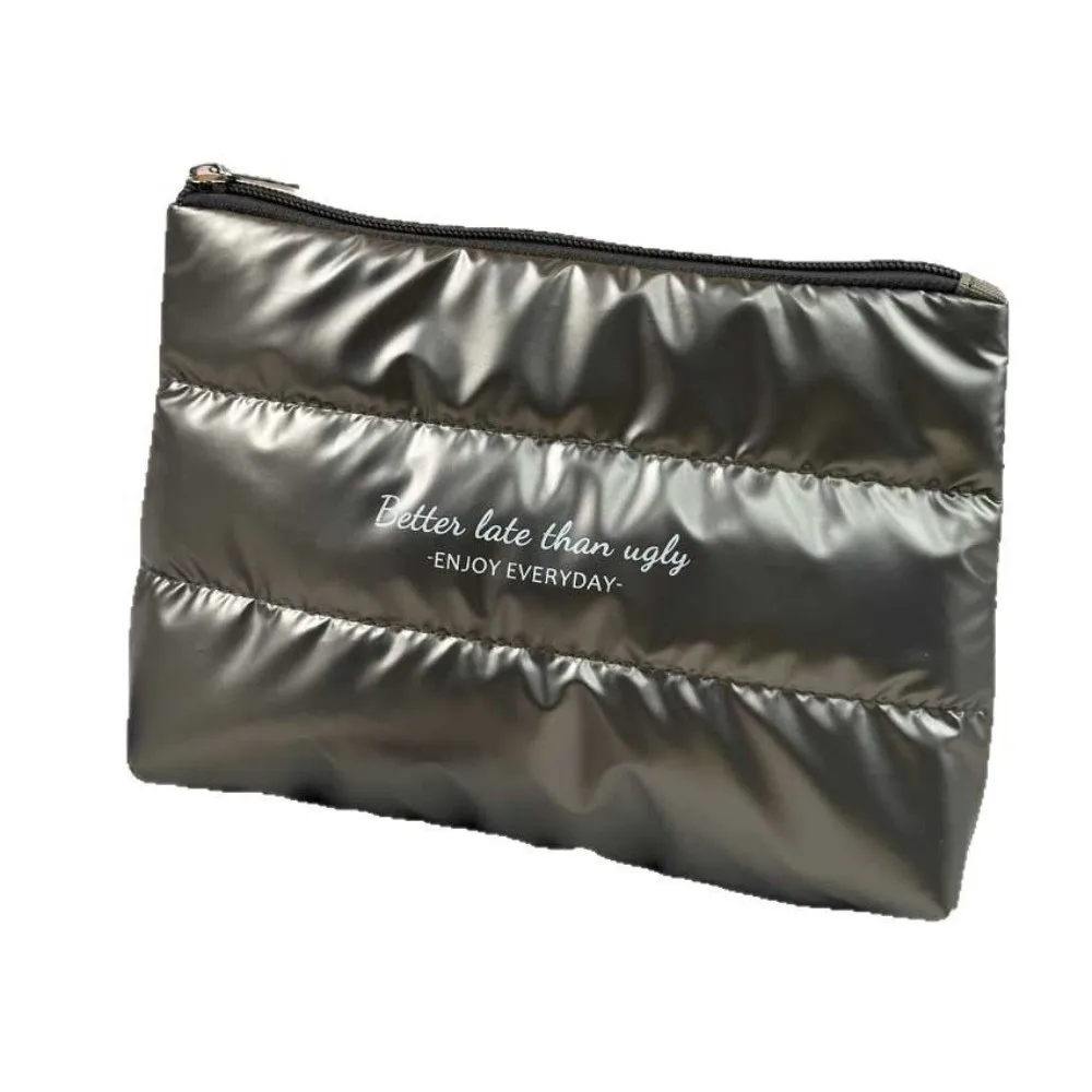 Portable Shiny Fluffy Makeup Bag Large Capacity Zipper Pouch Toiletries Skincare Storage Bag Quilted Puffer Cosmetic Bag Travel