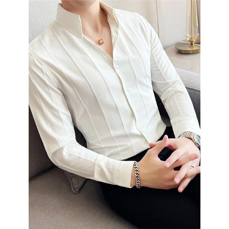 Italian Naples Men's Long-sleeved Shirt Light Luxury Fashion High-end Striped Casual Shirt White Black V-neck Men's Shirt
