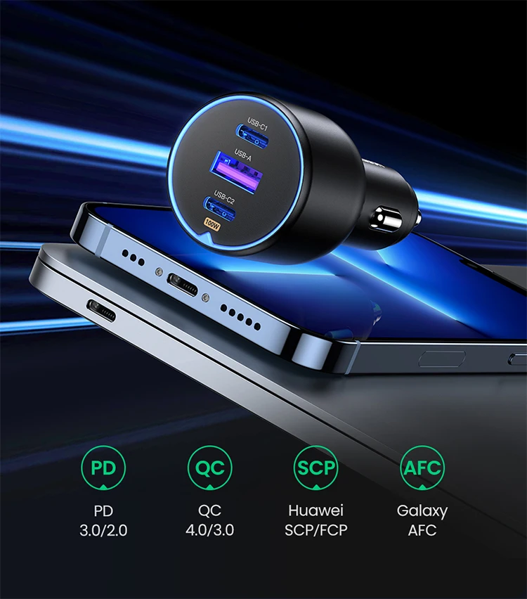 UGREEN 130W USB C Fast Car Charger For Xiaomi iPhone 18 Samsung Galaxy S25 Laptops PD3.0 Fast Charging USB Type C Car Charger
