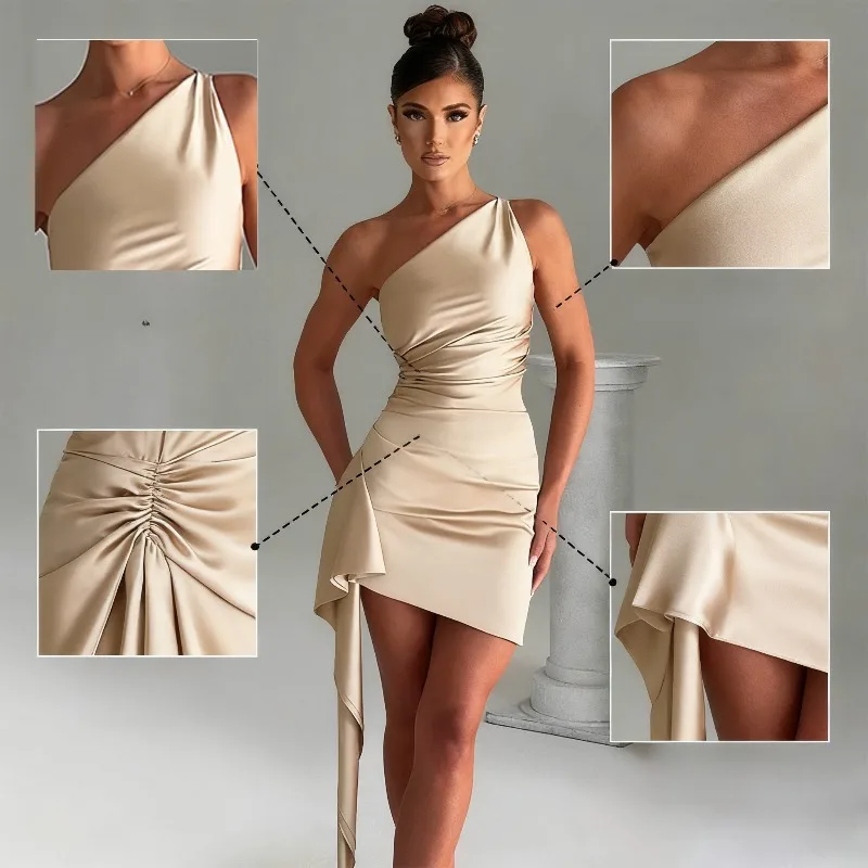 Minivestido feminino de cetim com um ombro, elegante, assimétrico, babado, bodycon, para festas e coquetéis