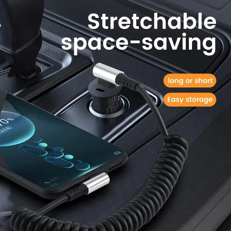6A USB Type C Data Cable 90° Elbow Car USB Spring PD Fast Charging Cable for iPhone 15 Sumsung Xiaomi POCO Huawei Honor LG