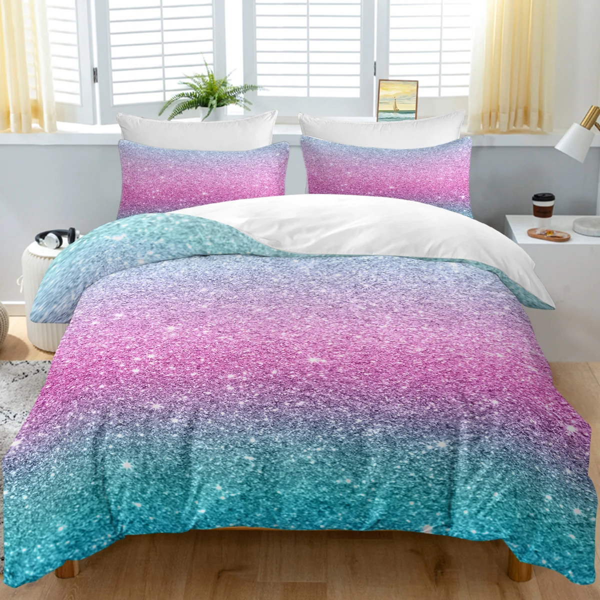 

3pc Romantic Pink and Blue Glistening Light Design Bedding Set with Zipper Closure 1 Duvet Cover and 2 Pillow Cases
