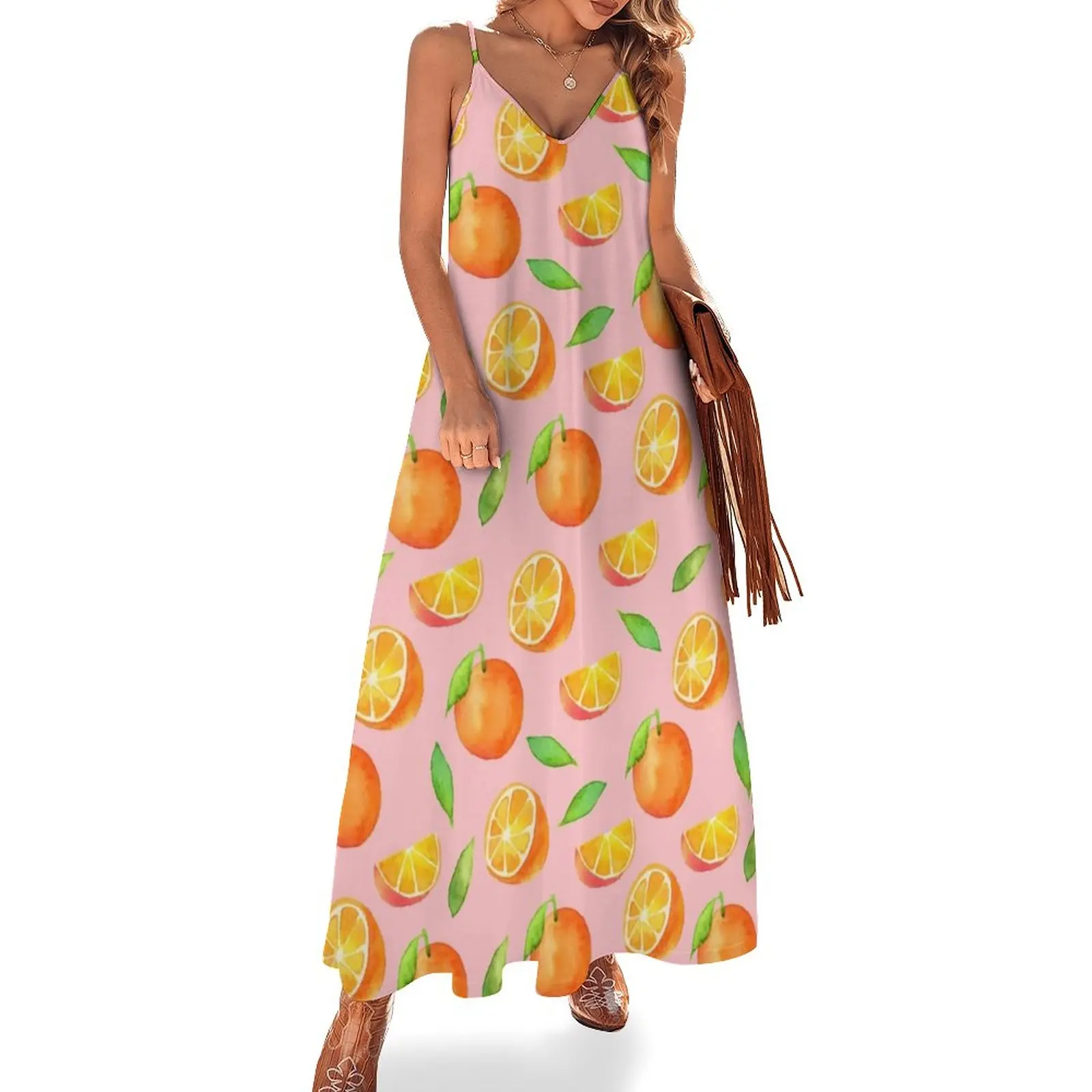 

Watercolor Oranges Pattern Sleeveless Dress clothes Dresses gala womens clothing